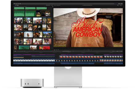 Mac mini, свързан със Studio Display, екранът показва заглавен екран от филм, озаглавен „Black American Cowboy“ отдясно, няколко кадъра отляво