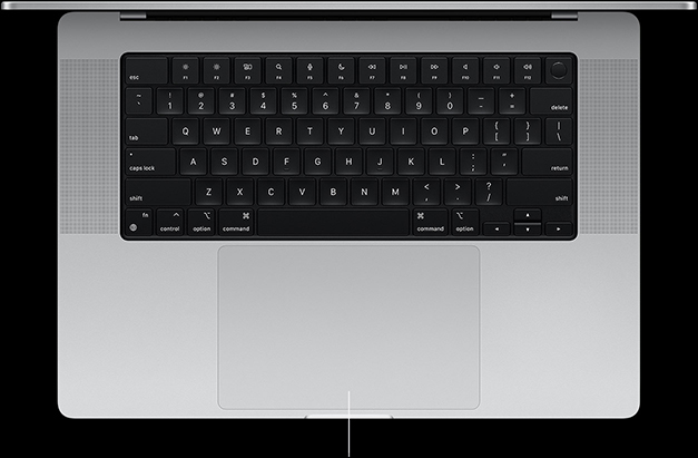 Изглед отгоре на отворен 16-инчов MacBook Pro, който показва Force Touch trackpad под клавиатурата