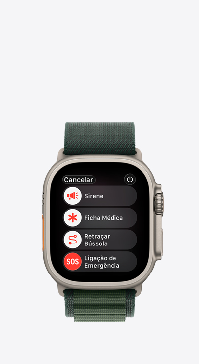 Um Apple Watch com uma lista de recursos de emergência: Sirene, Ficha Médica, Retraçar Bússola e Ligação de Emergência