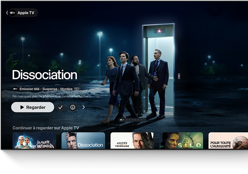 App Apple TV, titre en vedette : Dissociation, des gens sortent d’un ascenseur pour se retrouver dans un stationnement, rangée Continuer à regarder au bas de l’écran