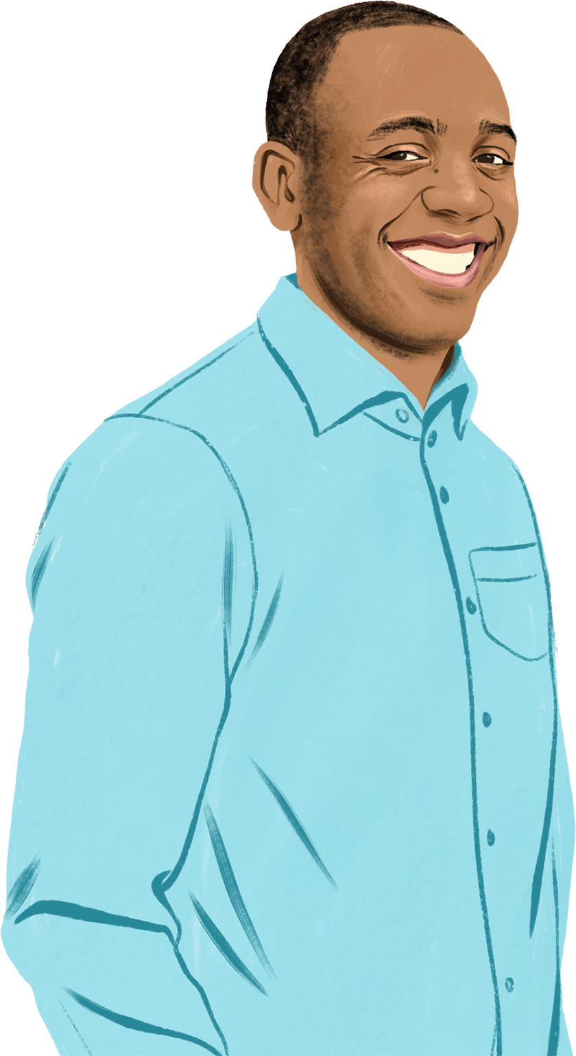 Ritratto illustrato di Brian che sorride rivolto verso chi legge; intorno a lui si vedono disegni che rappresentano iPad, iPhone e un lucchetto.