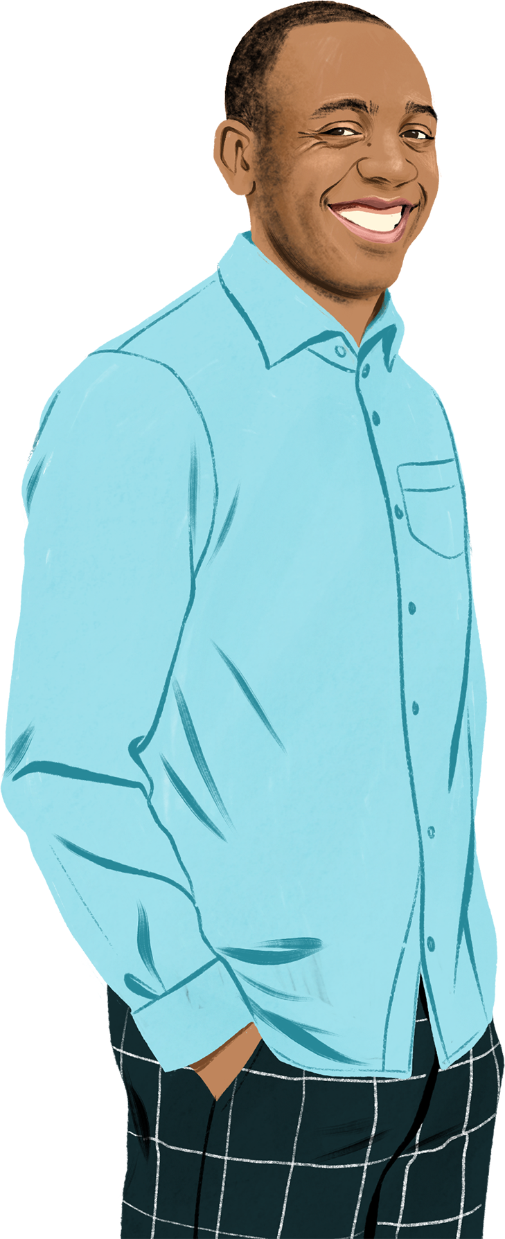 Ritratto illustrato di Brian che sorride rivolto verso chi legge; intorno a lui si vedono disegni che rappresentano iPad, iPhone e un lucchetto.