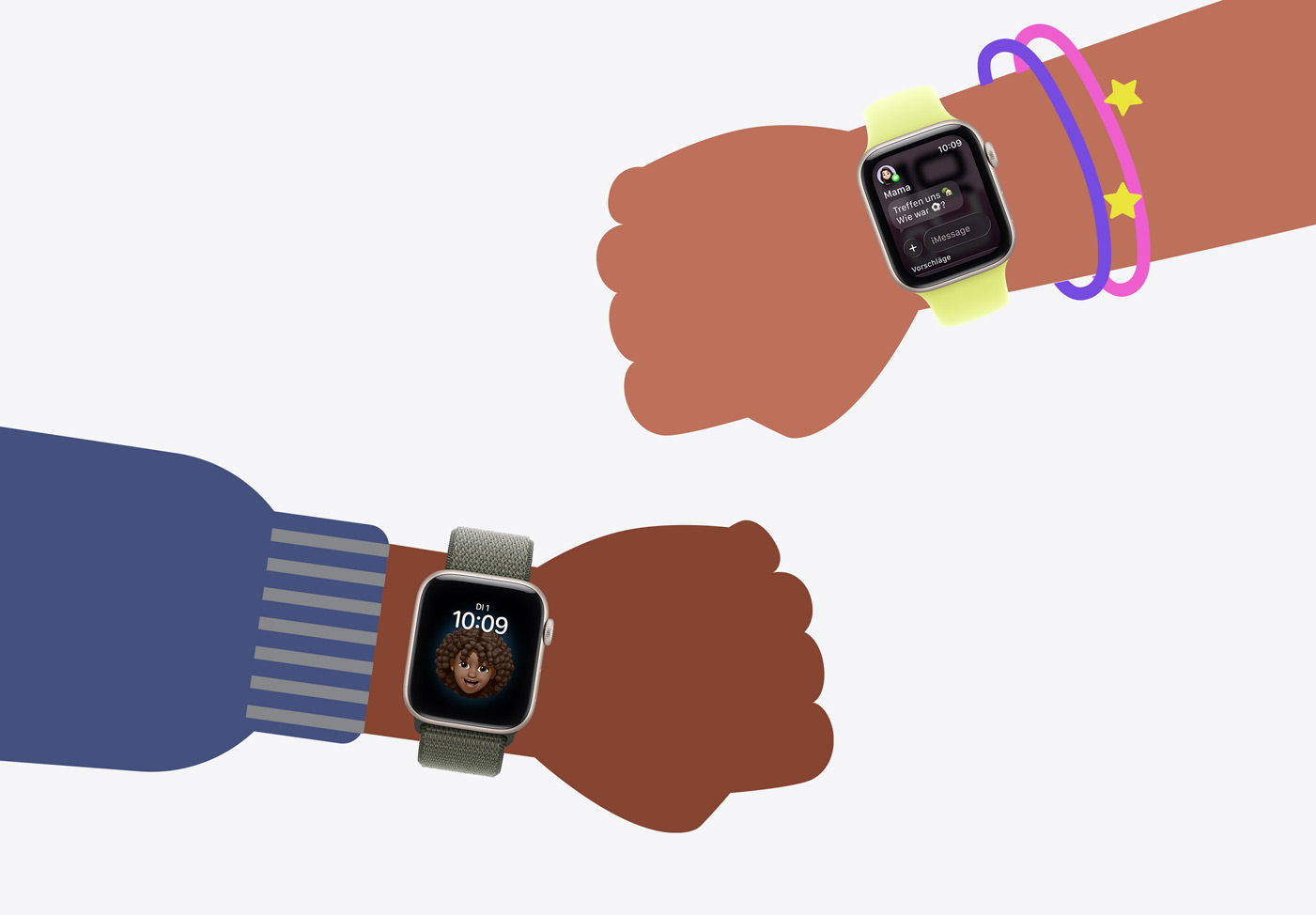 Apple Watch für deine Kinder, Cartoon Illustrationen von Handgelenken von Kindern, die eine Apple Watch SE 3 tragen