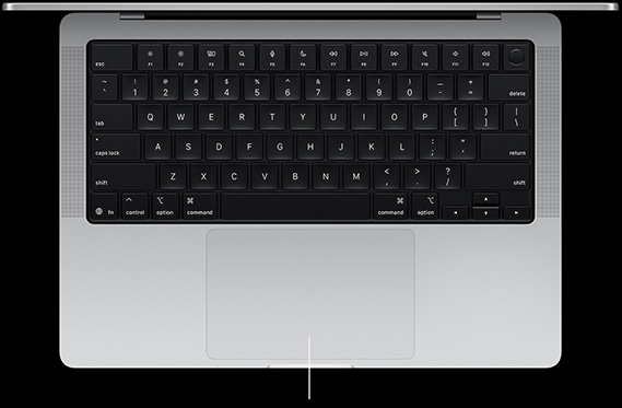 Top-down view of open MacBook Pro 14-inch showing Force Touch trackpad located below keyboard