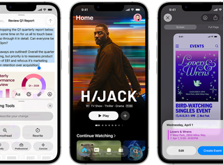 Kõrvuti asetsevad iPhone 17e seadmed erinevate ekraanikuvadega: mängimisel olev mäng, Writing Tools tööriist, Apple TV rakendus, loomisel olev kalendrisündmus, loomisel olev Genmoji