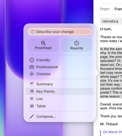 Writing Tools tööriist töös, e-kirjas on esile tõstetud suur tekstilõik, Writing Toolsi menüüs on valitud suvand Key Points koos täpploendi ikooniga