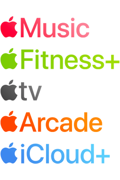 Logótipos de serviços de assinatura da Apple, incluindo Apple Music, Fitness+, Apple TV, Apple Arcade, iCloud+