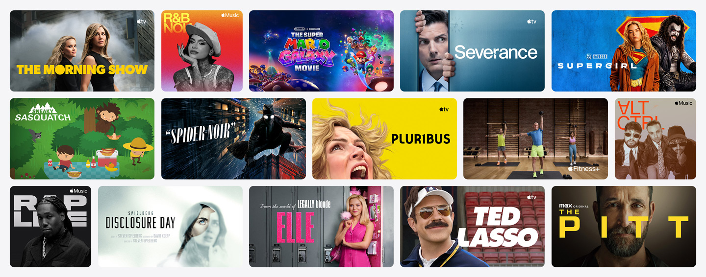 Raster mit Postern von Apple TV, Apple Music, Apple Fitness+, Apple Arcade und Channel Partnern