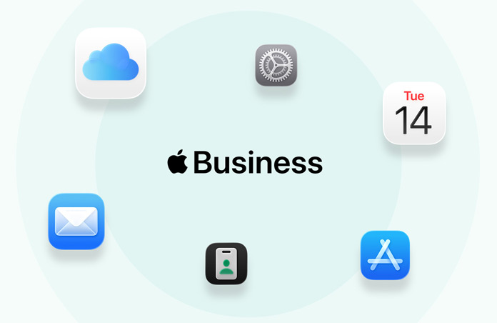 Apple Business, surrounded by app icons: iCloud, Settings, Mail, Calendar, App Store, Apple Business app