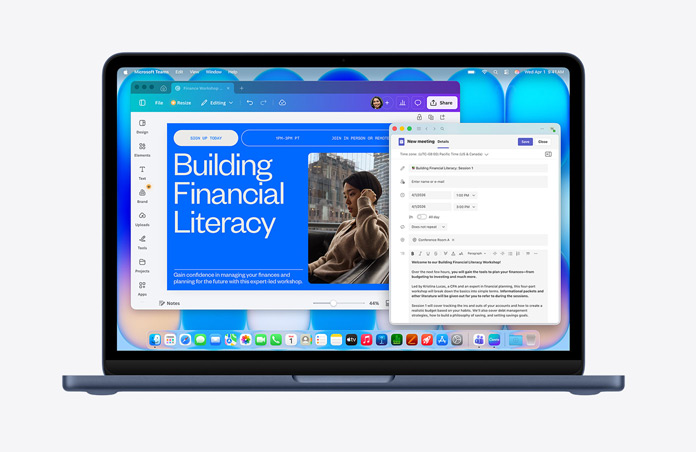 MacBook Neo in Mitternacht, das Display zeigt eine Webseite mit dem Titel «Building Financial Literacy» mit dem Bild einer Person, ein E-Mail Entwurf ist geöffnet, die Menüleiste mit verschiedenen Symbolen, unten das Dock mit App Symbolen