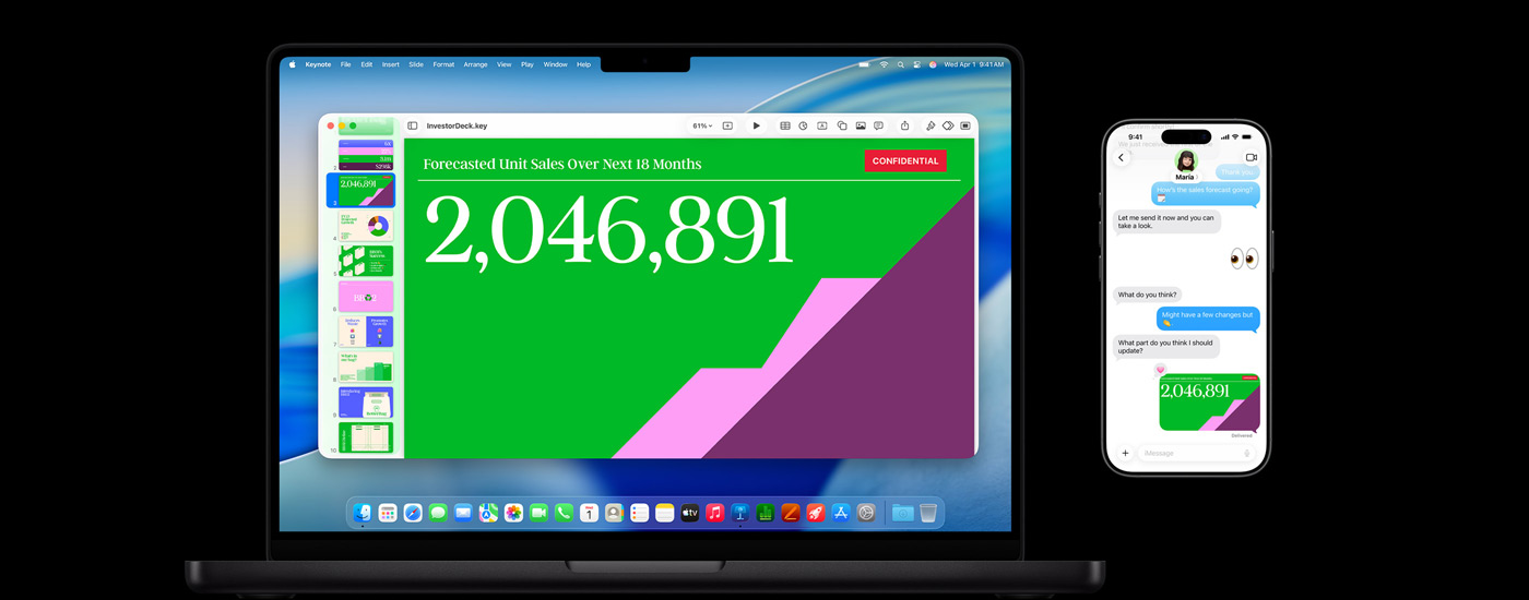 På en Mac vises en presentasjon og macOS Tahoe-bakgrunnen. Foran en Mac er det en iPhone. Begge har samme presentasjon i tekstmeldinger.
