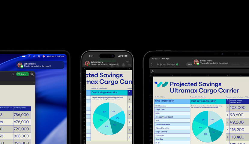 Et regneark og en tekstmelding vises på en rekke enheter, inkludert en iPhone, en iPad, en Apple Watch og en Mac med macOS Tahoe.