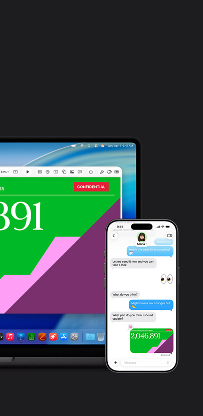 På en Mac vises en presentasjon og macOS Tahoe-bakgrunnen. Foran en Mac er det en iPhone. Begge har samme presentasjon i tekstmeldinger.