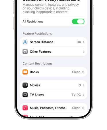 iPhone, der viser funktioner til indholds‑ og anonymitetsbegrænsninger for en børnekonto.