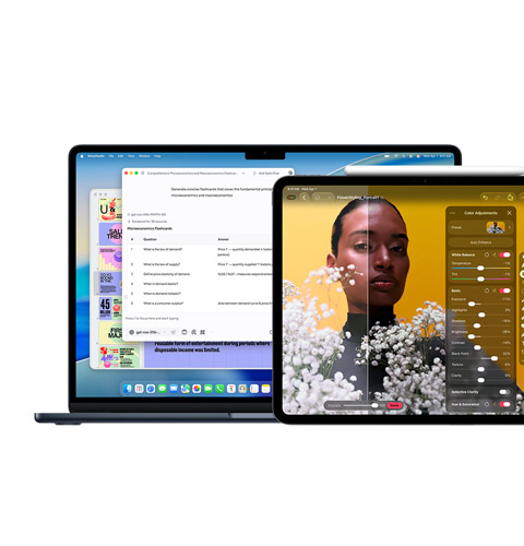 Schermo di un Mac con Apple Intelligence, schermo di un iPad con Pixelmator Pro