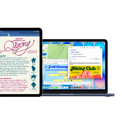 Schermo di un iPad con Goodnotes, schermo di un Mac con diverse app utilizzate contemporaneamente
