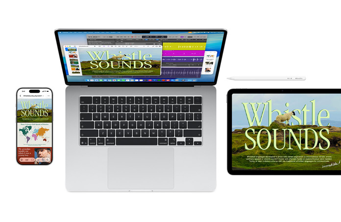 Mac, iPhone e iPad che sullo schermo mostrano un progetto identico, dal titolo “Whistle Sounds”, a dimostrazione di come i dispositivi Apple lavorino in perfetta sintonia