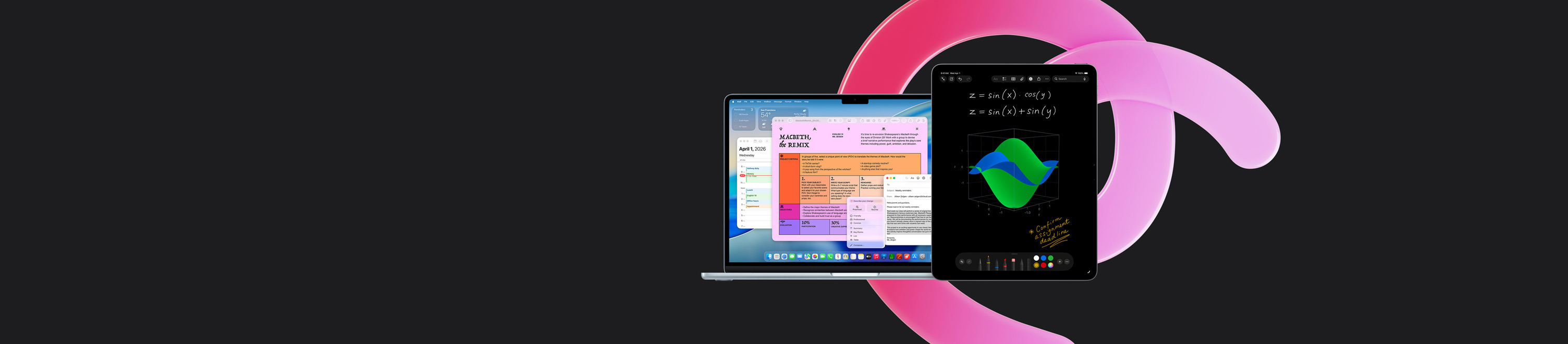 Un MacBook Air con Pages, Calendario, Mail e un avviso, accanto a un iPad con delle equazioni scritte a mano in Note matematiche, per mostrare la produttività con le app integrate