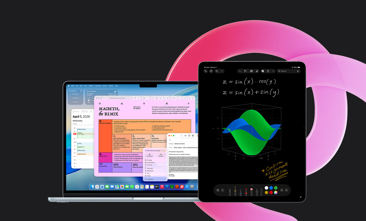 Un MacBook Air con Pages, Calendario, Mail e un avviso, accanto a un iPad con delle equazioni scritte a mano in Note matematiche, per mostrare la produttività con le app integrate