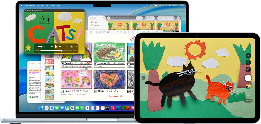 Mac e iPad con una presentazione creativa che raffigura degli animali stilizzati, a dimostrazione della versatilità dei due dispositivi