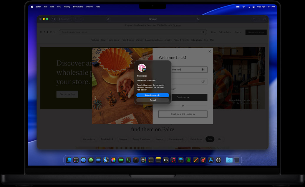 Dans Safari, une fenêtre invite la personne à utiliser Touch ID pour se connecter à un site web