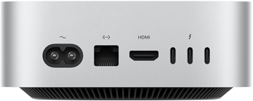 Mac mini, stražnja strana, utičnica za napajanje, priključak za Ethernet, priključak HDMI, tri priključka Thunderbolt