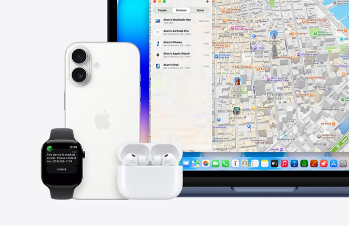 Egy Apple Watch kijelzőjén az „Ez az eszköz elveszettként van megjelölve. Kérem, értesítsen engem.” szöveg látható egy telefonszámmal. Mellette iPhone, AirPods Pro és indigószínű MacBook Neo, kijelzőjén a Lokátor app a térképpel, illetve az eszközök és jelenlegi elhelyezkedésük felsorolásával