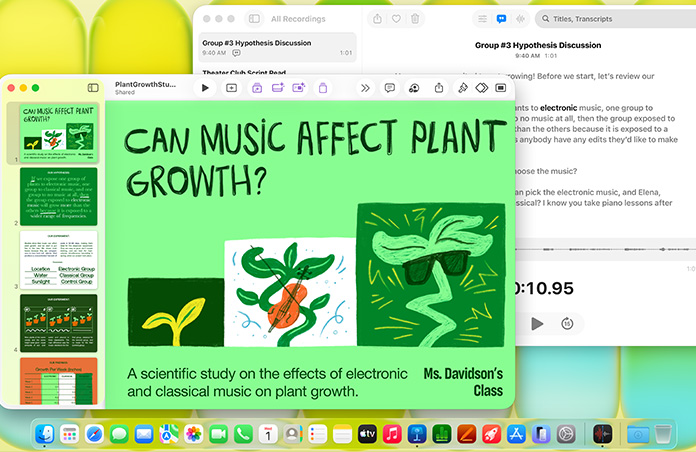 Layar Mac menampilkan presentasi Keynote berjudul “Dapatkah Musik Mempengaruhi Pertumbuhan Tanaman?” bersama transkrip Memo Suara, pengakuan pada keserbagunaan