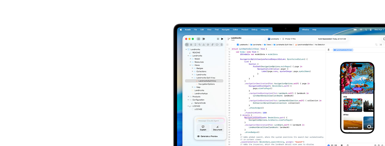 Xcode berjalan di Mac, dilengkapi asisten kode pemrograman AI Claude Agent dan pratinjau aplikasi di iPhone