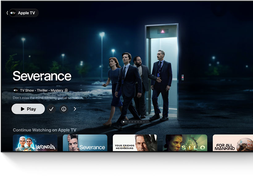 Apple TV app, featured title: Severance, people walk out of an elevator into a parking lot, Continue Watching row below