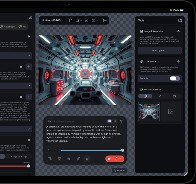iPad Proの前面の外観、ディスプレイには未来的な宇宙船のクリップが表示されている。様々な編集ツールと、画面上に開かれたImage InterpreterやCLIP ScoreなどのAI機能によって編集されている