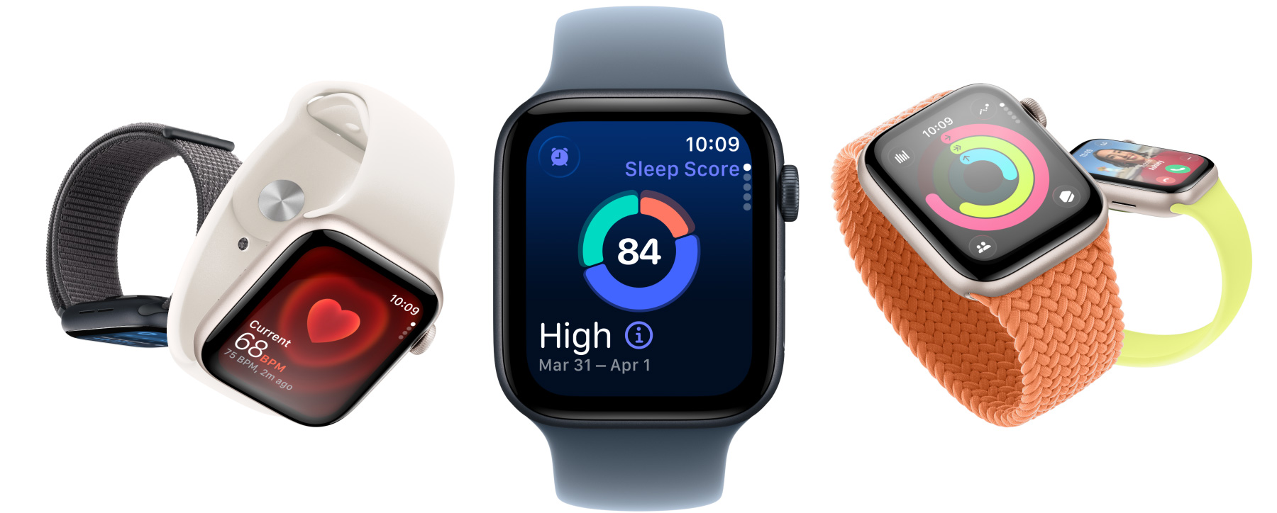 Apple Watch SE 3 avec boîtier en aluminium disponible en lumière stellaire et en minuit, affichant des apps telles que Signes vitaux, Fréquence cardiaque, score de sommeil, anneaux Activité et appel entrant