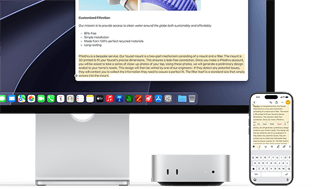 Skats no priekšpuses uz Mac mini, kas novietots zem Studio Display, iPhone atrodas ierīces un displeja labajā pusē, iPhone ekrānā iezīmētais teksts, virs kura ir izgriešanas, kopēšanas, ielīmēšanas un AutoFill rīki, atbilst ekrānā izceltajam tekstam, demonstrējot Universal Clipboard funkciju