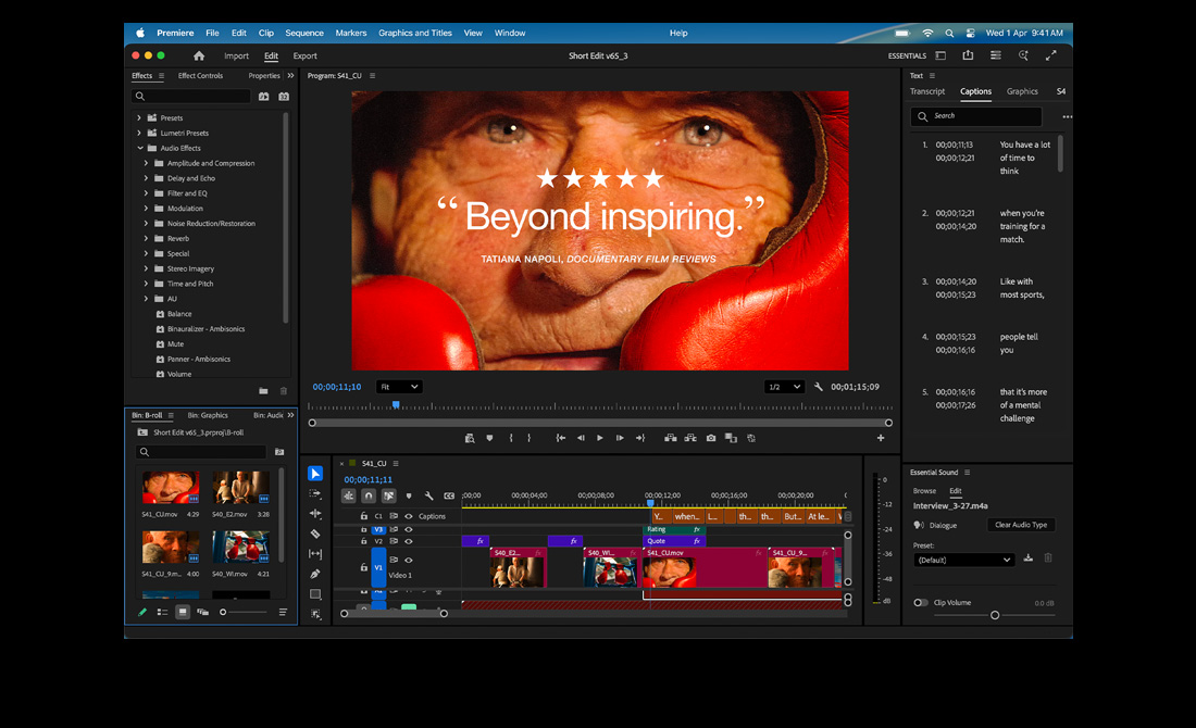MacBook Pro screen showing the editing of a film titled Eternal Play in Adobe Premiere