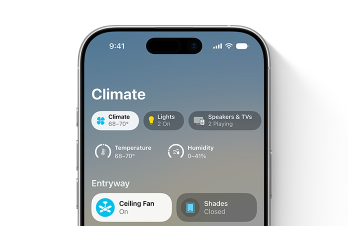 iPhone screen displays Home app, Climate category, temperature and humidity dials, Entryway section shows ceiling fan and shades controls