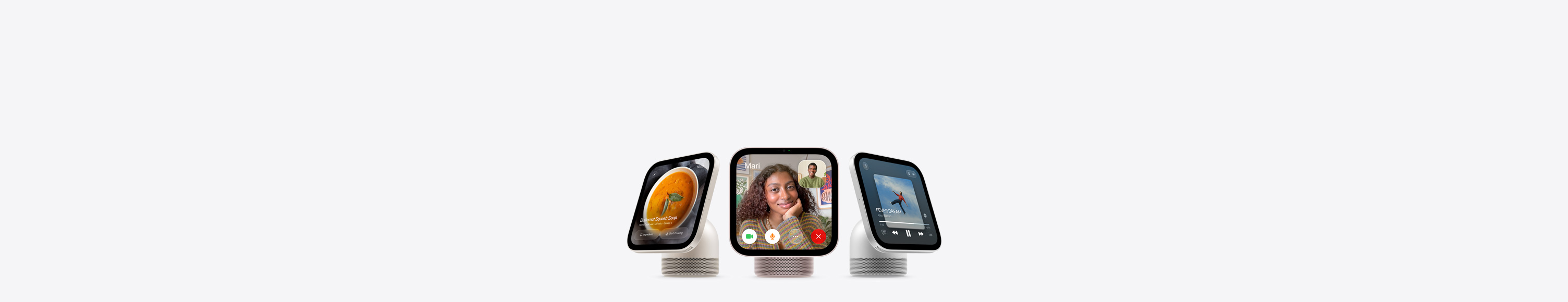 Multiple Apple HomeView devices, shown in an assortment of colours, highlighting a variety of colourful screens