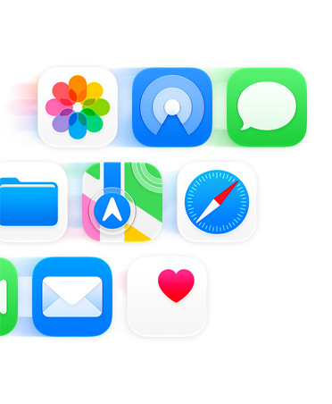 Grid of app icons including Messages, Safari, and Mail