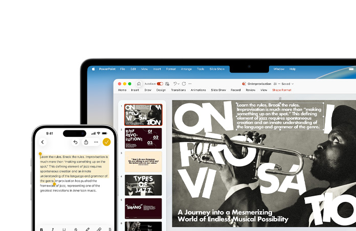 iPhone 16 Plus z tekstem zaznaczonym w aplikacji Notatki, MacBook Air z otwartym slajdem PowerPoint, a na slajdzie tekst z aplikacji Notatki