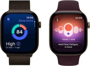 Două dispozitive Apple Watch Series 12, carcasă din aluminiu Bronz închis, grafic circular cu scorul de somn, Digital Crown, brățară Milanese Bronz închis, carcasă din aluminiu Auriu deschis, Urmărire ciclu, curea Sport Roșu burgund