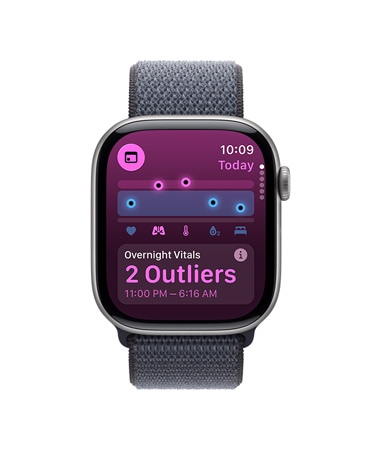 Apple Watch Series 11, space gray color, aluminum case, Vitals app, health score chart, overnight vitals outliers notification, right side exterior, Digital Crown, Sport Loop, dark gray color