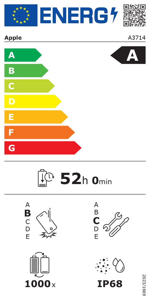 EU Energy Label QR code and information, Apple model A3714, class A, energy efficiency classes (with a scale from A to G), A (most efficient) to G (least efficient), battery endurance per cycle, 52 hours and 0 minutes per full battery charge, repeated free fall reliability class B, A (most robust) to E (least robust), repairability class C, A (most repairable) to E (least repairable), 1000 battery endurance in cycles, dust and water ingress protection (IP) rating IP68, regulation 2023/1669