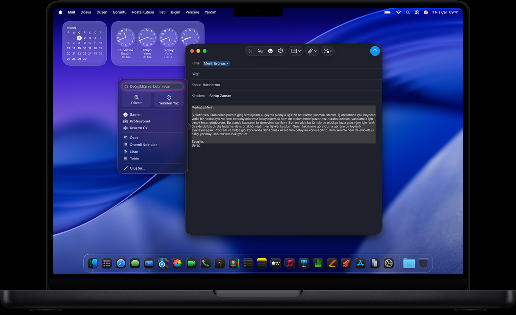 Bir mailin düzenlenmesinde kullanılan Apple Intelligence Yazma Araçları