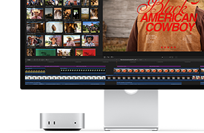Mac mini в парі зі Studio Display, праворуч на екрані показано заставку фільму «Black American Cowboy», ліворуч — кілька стоп-кадрів
