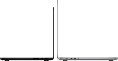 MacBook Pro 14 дюймів і 16 дюймів розташовані спинка до спинки, щоб показати різницю в розмірах і підкреслити тонкий профіль