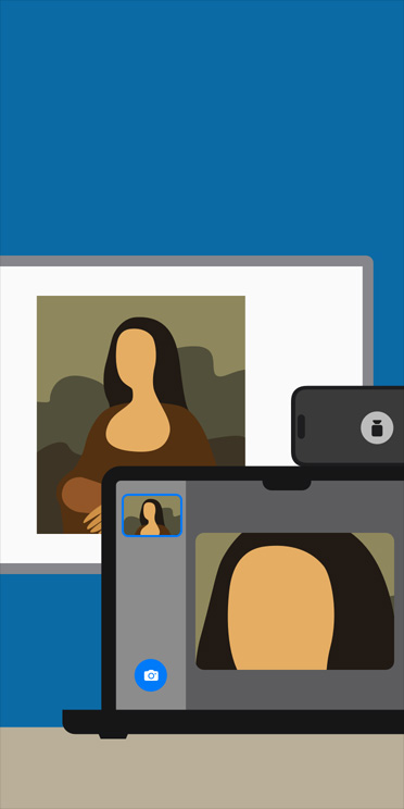 Ảnh minh họa động của ứng dụng Kính Lúp trên màn hình MacBook đang phóng to hình ảnh nàng Mona Lisa hiển thị trên bảng trắng trong lớp học