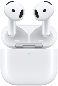 AirPods 5: valge värv, ovaalse kujuga kõrvaklapid, lühikesed varred, juhtmevaba laadimiskarp, sujuv konstruktsioon kõlariavaga, väline LED-akuindikaator, avatud kaanega, ühendatud hõbedaste hingedega