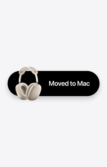 AirPods Max 2 in starlight color and words Moved to Mac, representing Automatic Switching