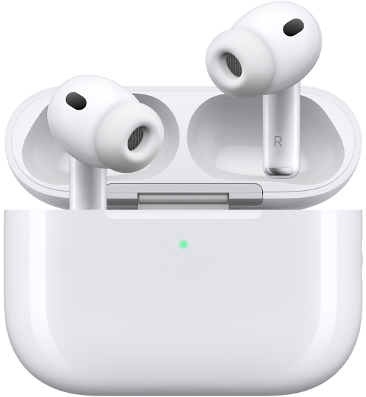 AirPods Pro 3 et Boîtier de charge MagSafe (USB-C), boîtier aux bords arrondis, voyant d’alimentation LED, boîtier ouvert, coloris blanc, écouteurs sans fil avec embouts en silicone, lettres L et R inscrites à l’intérieur des tiges