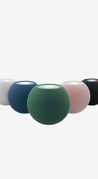 HomePod mini 2 speakers, mesh fabric, touch surface on top, available colors, white, blue, green, pink, midnight