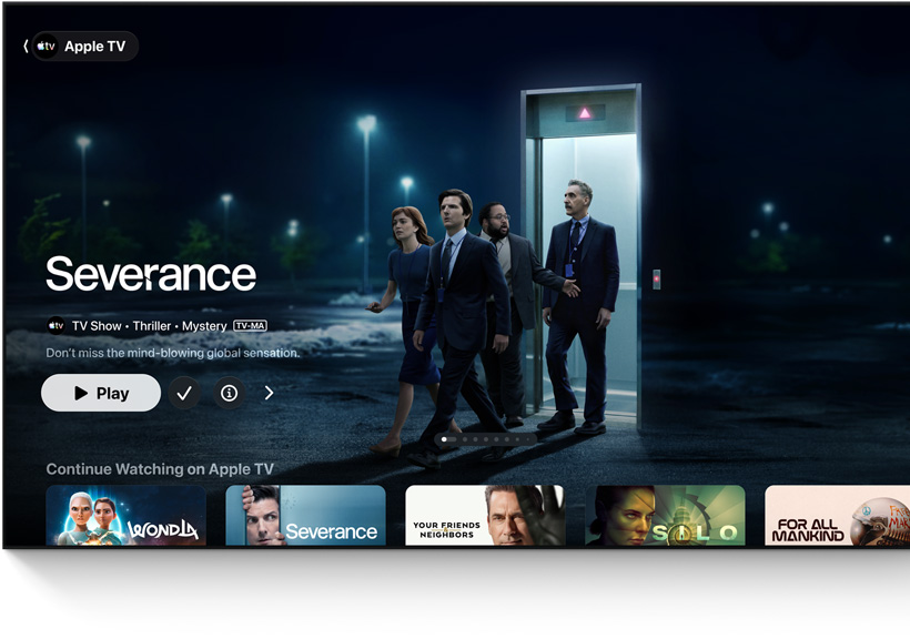 Apple TV App, angezeigter Titel: Severance, Personen treten aus einem Aufzug auf einen Parkplatz, Weiter ansehen in der Reihe darunter